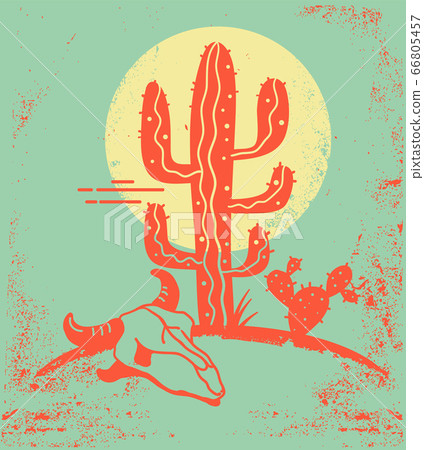Desert landscape with Cactuses and cow skull. 66805457