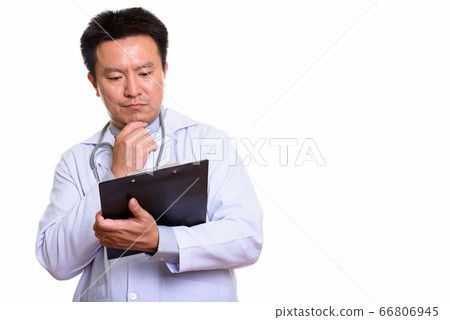 Studio shot of Japanese man isolated against white background 66806945