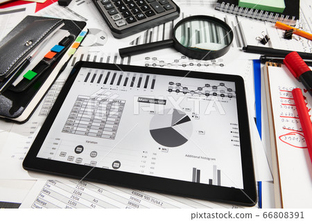 Top view of office employee's desk - work with 66808391