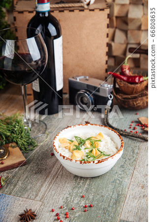 Boiled white rice garnish green onion dried garlic Boiled white rice garnish green onion dried garlic 66808635