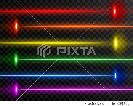 Laser beam set. Colorful rainbow laser beam collection isolated on transparent background. Neon lines. Glow party laser beams abstract effect. Bright futuristic design elements. Vector illustration 66809292