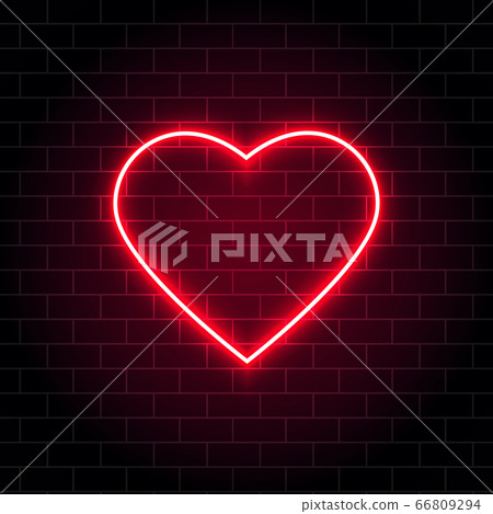 Neon heart. Bright night neon signboard on brick wall background with backlight. Retro red neon heart sign. Romantic design for Happy Valentines Day. Night light advertising. Vector illustration 66809294