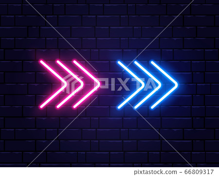 Arrow neon on brick wall. Realistic shining signboard. Glowing arrow pointers icon. Color neon banner. Night bright advertising. Vector illustration Arrow neon on brick wall. Realistic shining signboard. Glowing arrow pointers icon. Color neon banner. Night bright advertising. Vector illustration 66809317