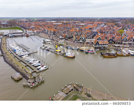 Aerial Shot of the harbor in Volendam town in Holland 66809853