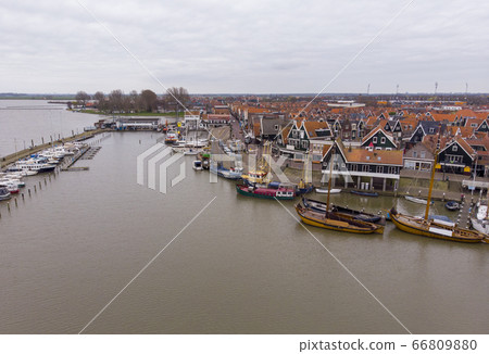 Aerial Shot of the harbor in Volendam town in Holland 66809880