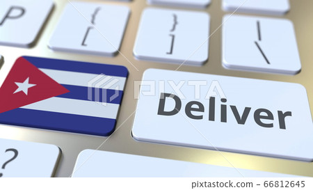 Deliver text and flag of Cuba on the computer keyboard. Logistics related 3D rendering 66812645