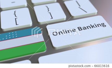 Online Banking text and flag of Uzbekistan on the keyboard. Internet finance related conceptual 3D rendering 66813616