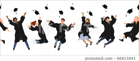 Seamless border with happy graduate students in graduation clothing jumping and throwing the mortarboard high into the air. Flat vector illustration pattern isolated on white Seamless border with happy graduate students in graduation clothing jumping and throwing the mortarboard high into the air. Flat vector illustration pattern isolated on white 66813841