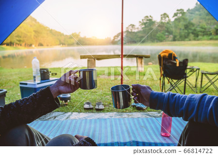 Travel camping by lake. Campers are on their camp at Namtok Sam Lan National Park (waterfall) 66814722