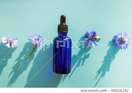 Cosmetic oil or serum, bluet bottle and flowers on blue background Cosmetic oil or serum, bluet bottle and flowers on blue background 66816282
