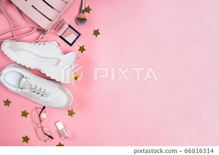 Summer fashion accessories on pink background. 66816314