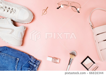 Summer fashion accessories on pink background. Summer fashion accessories on pink background. 66816344