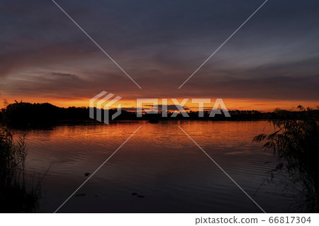 Sunset over the pond Rezabinec near Pisek town, 66817304