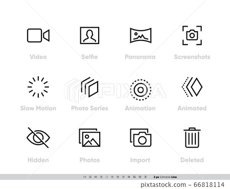 Media Files vector icon set. Camera And Photography set with Selfie, Panorama, Screenshots, Slow Motion, Photo, Series, Animation, Animated, Hidden Photos, Import and Delete Line icons for Photo App Media Files vector icon set. Camera And Photography set with Selfie, Panorama, Screenshots, Slow Motion, Photo, Series, Animation, Animated, Hidden Photos, Import and Delete Line icons for Photo App 66818114