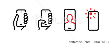Set of Take, Push on Phone, Selfie, Camera Phone Multi-Cameras icons. Editable line vector. 66818127