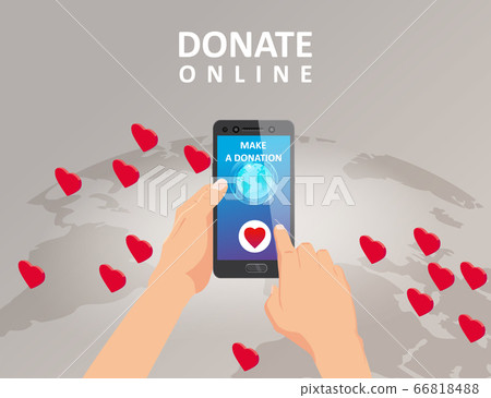 Donating money by online payments consept. Gold coin and eath palnet background hearts, button donation on smartphone screen. Hand holds smartphone. Modern charity. Vector illustration isolated Donating money by online payments consept. Gold coin and eath palnet background hearts, button donation on smartphone screen. Hand holds smartphone. Modern charity. Vector illustration isolated 66818488