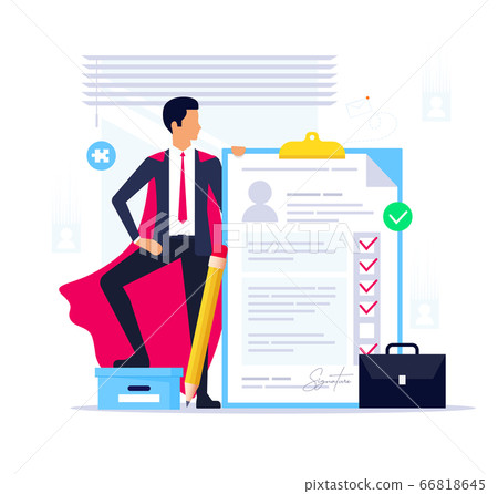Best cv candidate. Recruitment agency. Super suitable candidate for a vacant seat. Superman in a suit with a resume looking for a new job. Best cv candidate. Recruitment agency. Super suitable candidate for a vacant seat. Superman in a suit with a resume looking for a new job. 66818645