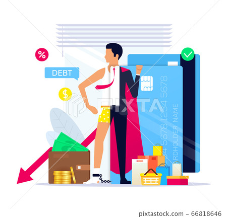 Life on credit as a lifestyle, Credit superhero. Credit Card Debt. Young businessman through the prism of a credit card. Financial freedom concept. Vector illustration Life on credit as a lifestyle, Credit superhero. Credit Card Debt. Young businessman through the prism of a credit card. Financial freedom concept. Vector illustration 66818646