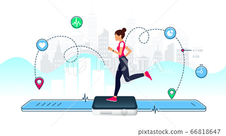 Concept of Smart watch for fitness. Young girl runs on the display of a large smart watch. Healthy sporty lifestyle. Counting calories, heart rate control, count steps and GPS tracking function. Concept of Smart watch for fitness. Young girl runs on the display of a large smart watch. Healthy sporty lifestyle. Counting calories, heart rate control, count steps and GPS tracking function. 66818647