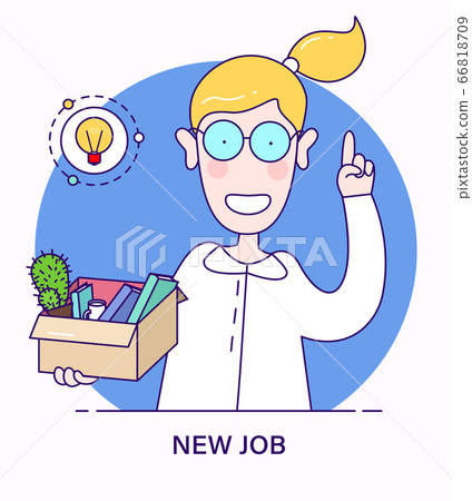 New job offer. Concept in flat cartoon style. Successful smiling woman with box and her things got a new job. woman received a good offer for a new vacancy during the crisis. 66818709