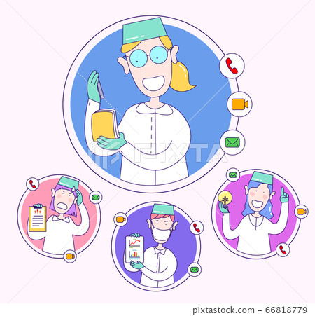 Doctors remote exchange data, statistics. Educational webinar between health workers. Concept of video consultations, online broadcasts, blogging of a medical worker. illustration in cartoon style. Doctors remote exchange data, statistics. Educational webinar between health workers. Concept of video consultations, online broadcasts, blogging of a medical worker. illustration in cartoon style. 66818779