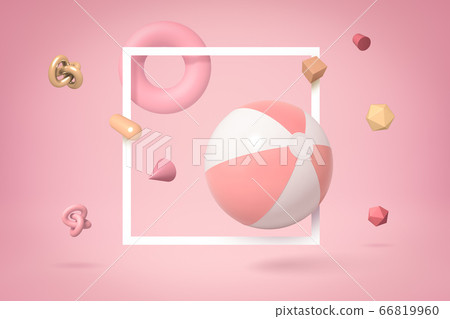 3d rendering of striped pink and white beach ball floating through square white frame on pink background with lots of geometric objects flying around. 66819960