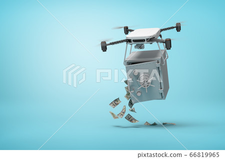 3d rendering of camera drone carrying unlocked light gray money safe, dollar bills falling out, on light blue background with copy space. 3d rendering of camera drone carrying unlocked light gray money safe, dollar bills falling out, on light blue background with copy space. 66819965