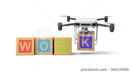 3d rendering of word 'WORK' written with ABC blocks, camera drone putting final letter K at the end, on white background. 3d rendering of word 'WORK' written with ABC blocks, camera drone putting final letter K at the end, on white background. 66819966