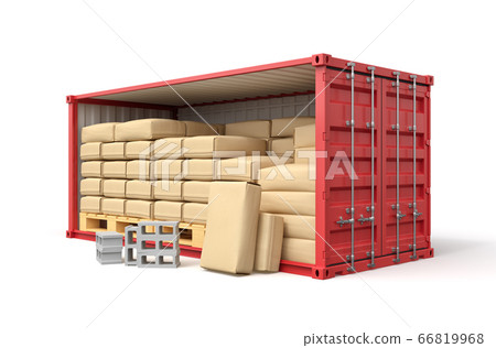 3d rendering of red shipping container filled with packs, bricks and wooden pallets isolated on white background 3d rendering of red shipping container filled with packs, bricks and wooden pallets isolated on white background 66819968