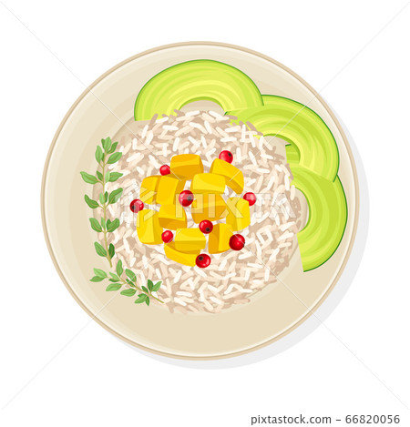 Thai Main Course with Rice and Mango Cubes Top View Vector Illustration 66820056