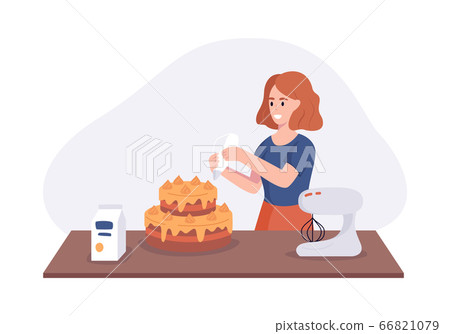 Smiling girl a dish cake on kitchen table. Woman in the kitchen preparing homemade meals for dinner. Vector illustration cooking at home concept Smiling girl a dish cake on kitchen table. Woman in the kitchen preparing homemade meals for dinner. Vector illustration cooking at home concept 66821079