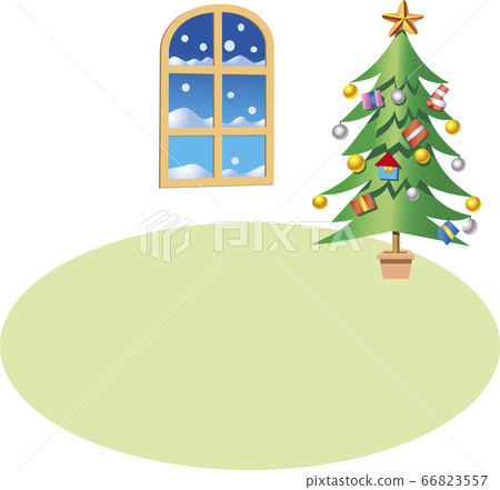 Room with a green window with a thin floor decorated with a Christmas tree 66823557
