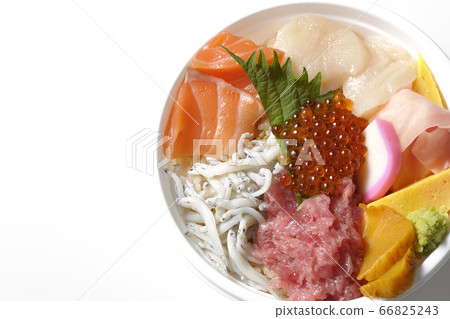 一個生動的海鮮碗(白色背景),上面放著鮭魚,白鮭,鮭魚卵和金槍魚 一個生動的海鮮碗(白色背景),上面放著鮭魚,白鮭,鮭魚卵和金槍魚 66825243