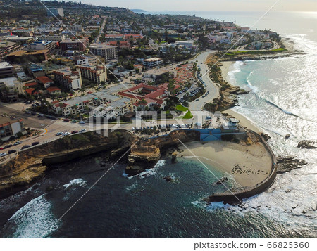 Aerial view of La Jolla Cove, small picturesque cove and beach surrounded by cliffs, San Diego Aerial view of La Jolla Cove, small picturesque cove and beach surrounded by cliffs, San Diego 66825360