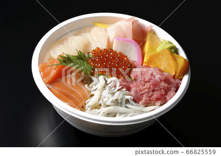 Colorful seafood bowl with salmon, shirasu, salmon roe, scallops and tuna (black background) 66825559