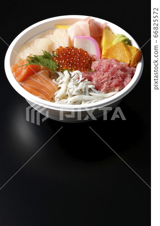 Colorful seafood bowl with salmon, shirasu, salmon roe, scallops and tuna (black background) 66825572