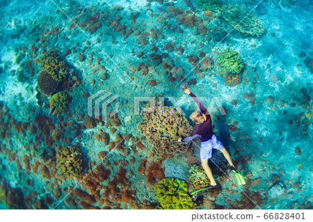 Young man in snorkelling mask dive underwater 66828401