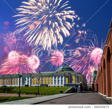 Fireworks over the Moscow Kremlin during Victory Day (WWII), Russia 66830675
