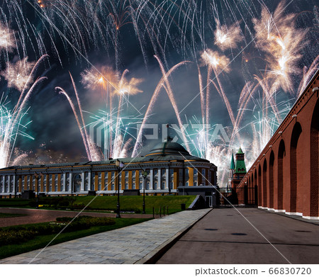 Fireworks over the Moscow Kremlin during Victory Day (WWII), Russia 66830720