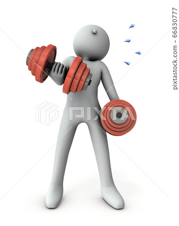 A character who trains with heavy dumbbells. 3D illustration. A character who trains with heavy dumbbells. 3D illustration. 66830777