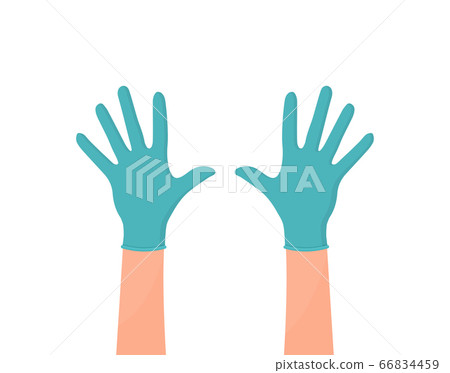 Hands putting on protective blue gloves. Latex 66834459