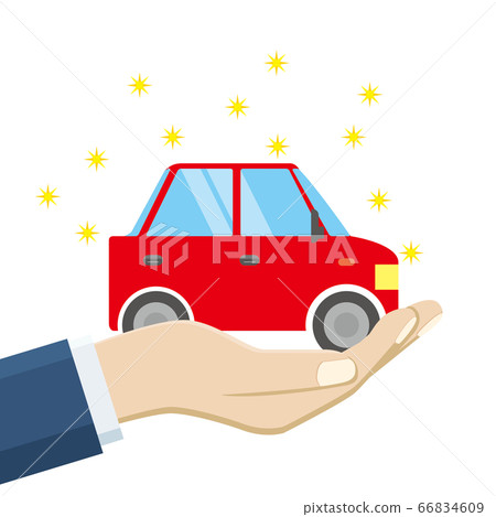 Illustration of a minicar riding on the palm of your hand Deformed car | Image of transfer of car sale 66834609