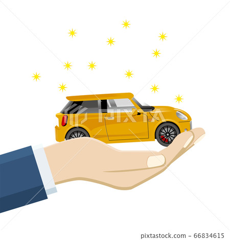 Illustration of a mini car riding in the palm of your hand RV car | Image of transfer of car sale 66834615