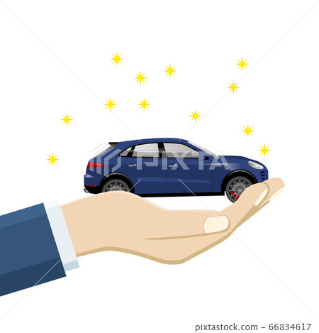 Illustration of a mini car riding in the palm of your hand RV car | Image of transfer of car sale 66834617