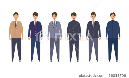 Illustration of a high school boy standing upright in various uniforms 66835706