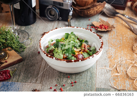 Chicken in teriyaki sauce with vegetables parsley 66836163