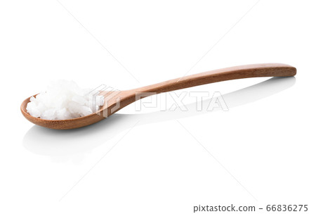 sea salt on wooden spoon isolated on white 66836275