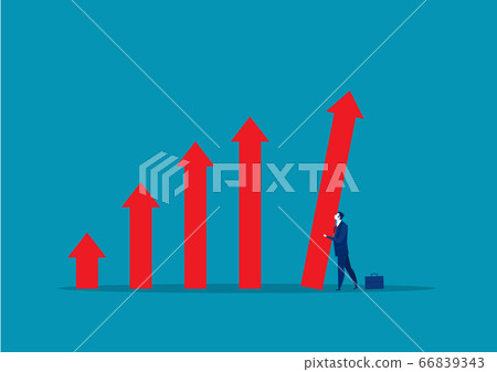Businessman holds up arrow symbol.on blue background. Businessman holds up arrow symbol.on blue background. 66839343
