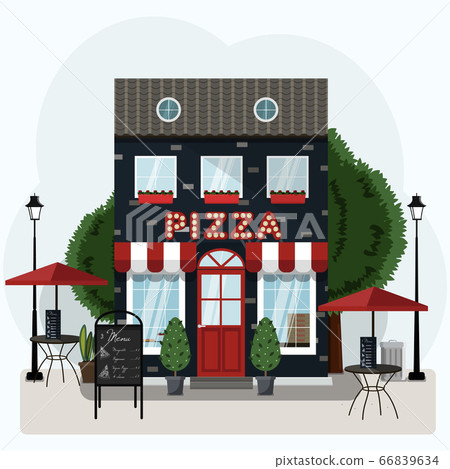 Facade of a pizza restaurant with outdoor tables and home delivery. Vector illustration of a pizzeria with a red and white canopy, Billboard and potted plants. Facade of a pizza restaurant with outdoor tables and home delivery. Vector illustration of a pizzeria with a red and white canopy, Billboard and potted plants. 66839634