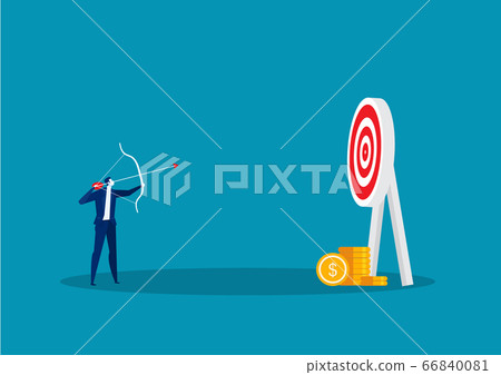 Businessman hitting target with bow and arrow to target concept Businessman hitting target with bow and arrow to target concept 66840081
